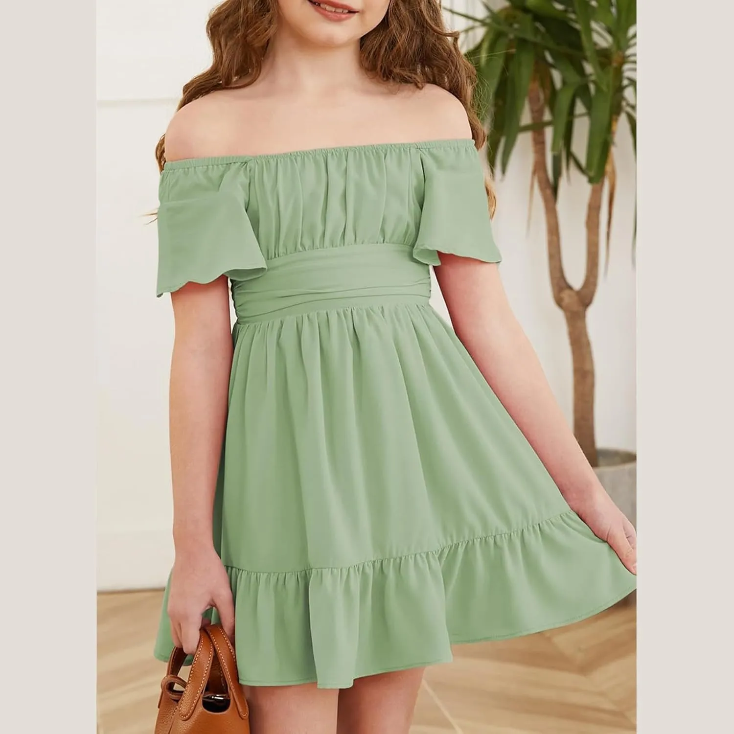 Girls Summer Tie Back Dress Tween Kids Ruffle Hem Off Shoulder Dresses Party Outfit Size 4-15 Years