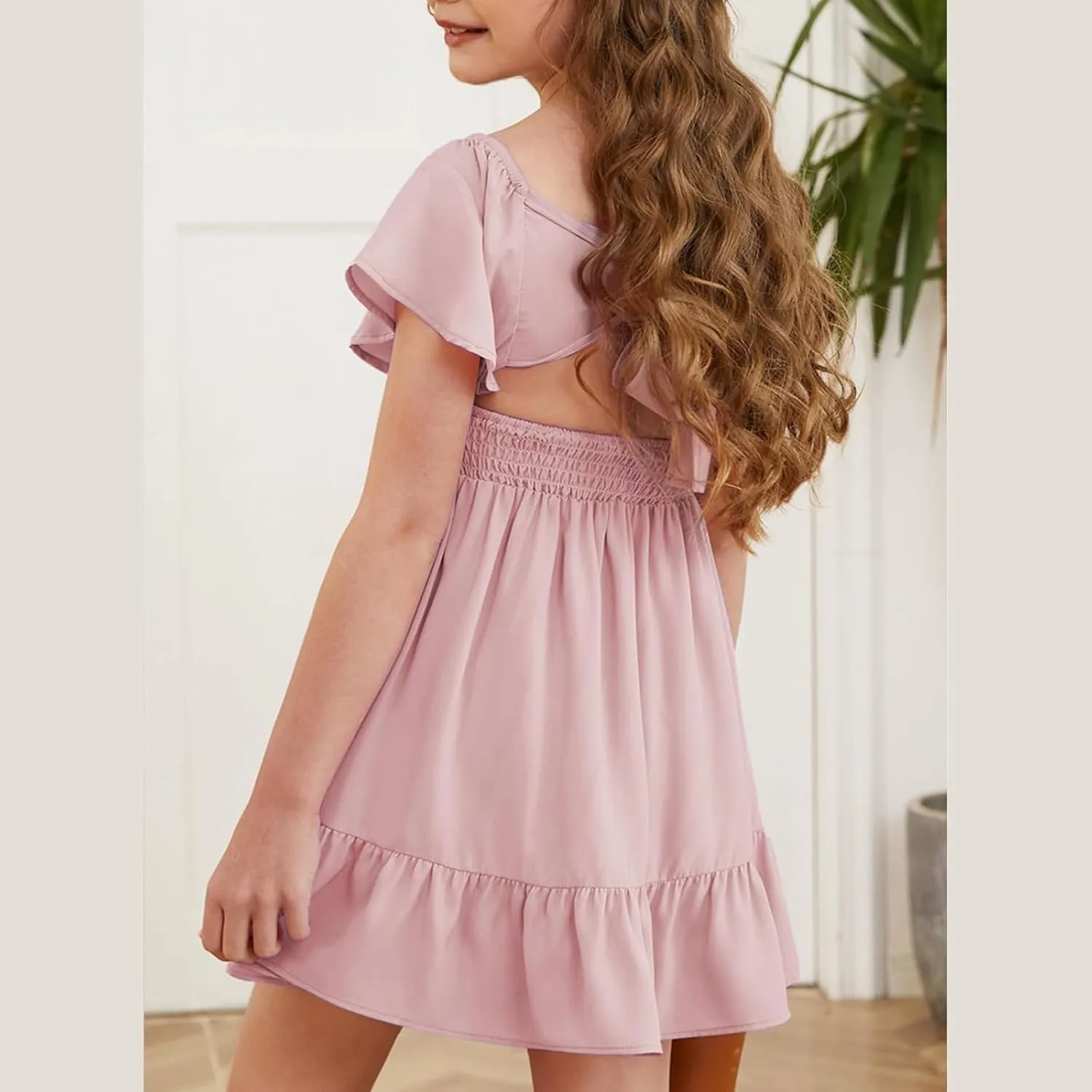 Girls Summer Tie Back Dress Tween Kids Ruffle Hem Off Shoulder Dresses Party Outfit Size 4-15 Years