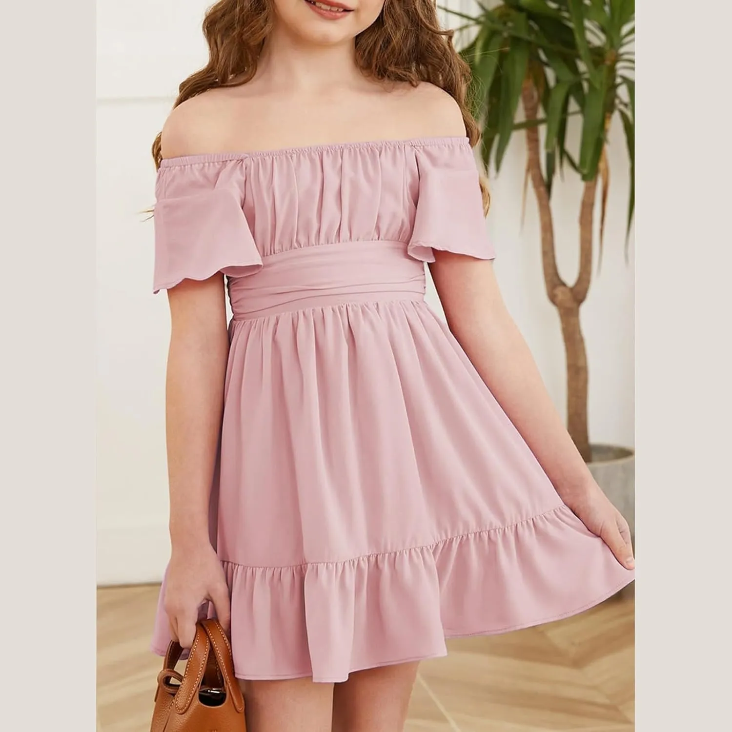 Girls Summer Tie Back Dress Tween Kids Ruffle Hem Off Shoulder Dresses Party Outfit Size 4-15 Years