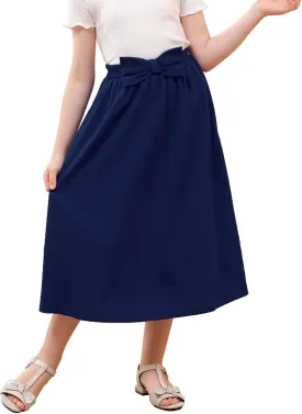 GORLYA Girls A-Line Bow Knot Elastic High Waist Swing Maxi Skirt with Pockets for 4-14T