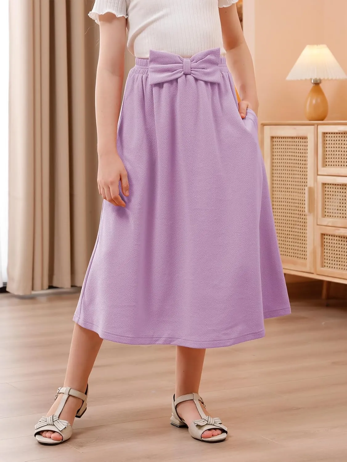 GORLYA Girls A-Line Bow Knot Elastic High Waist Swing Maxi Skirt with Pockets for 4-14T