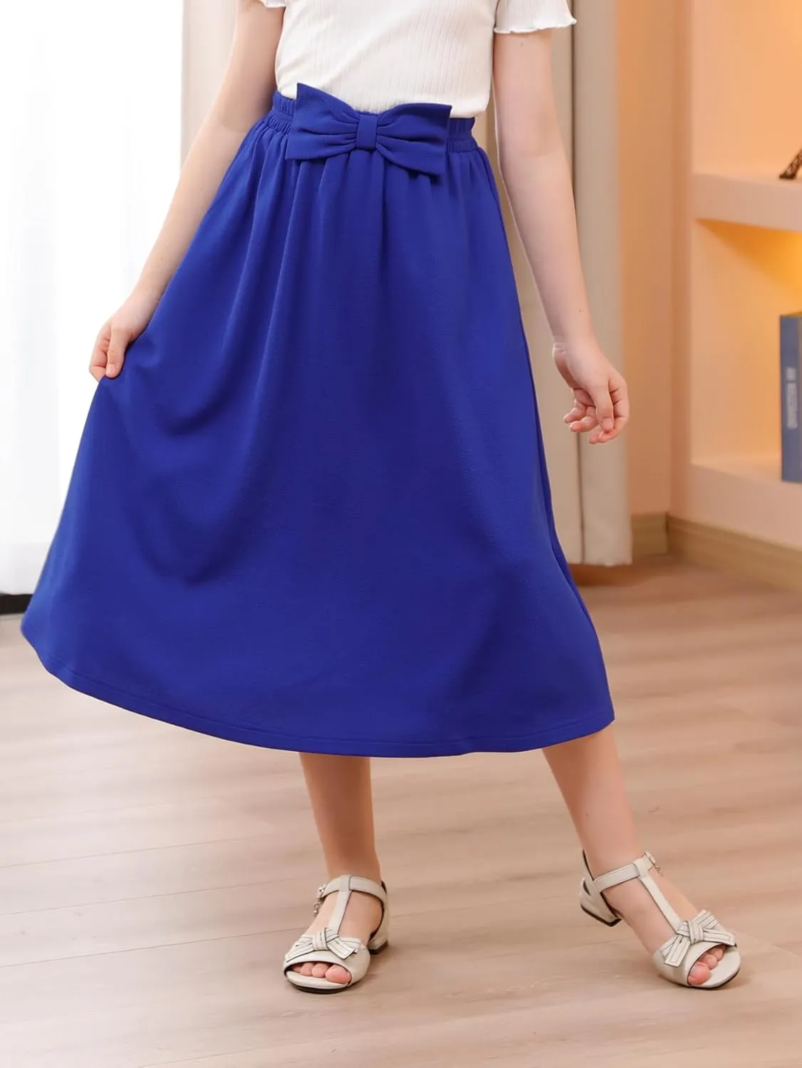 GORLYA Girls A-Line Bow Knot Elastic High Waist Swing Maxi Skirt with Pockets for 4-14T