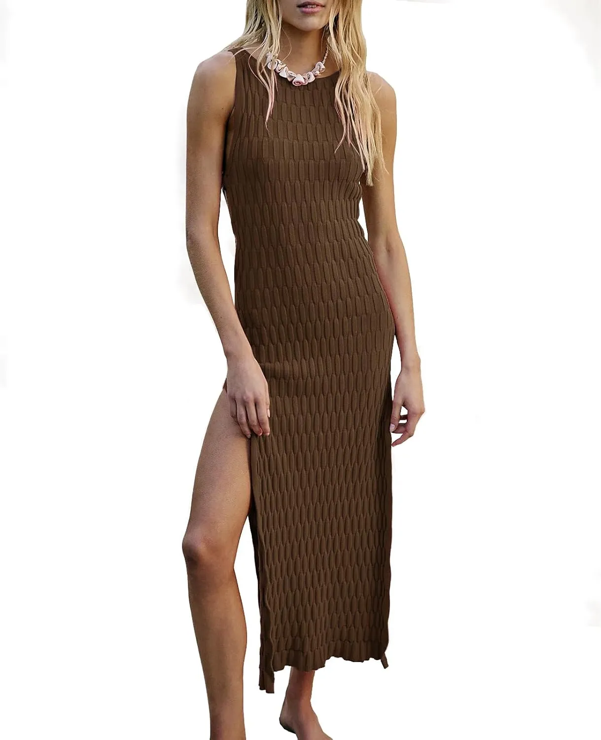 Hacikis Womens Summer Vacation Bodycon Midi Tank Dresses Textured Ribbed Knit Sleeveless Sweater Dress with Side Slit