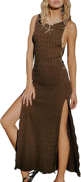 Hacikis Womens Summer Vacation Bodycon Midi Tank Dresses Textured Ribbed Knit Sleeveless Sweater Dress with Side Slit