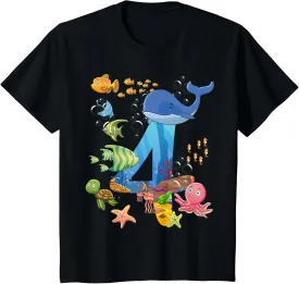 Kids 4 Years Old Sea Fish Ocean Animal 4th Birthday Boy Girl T-Shirt