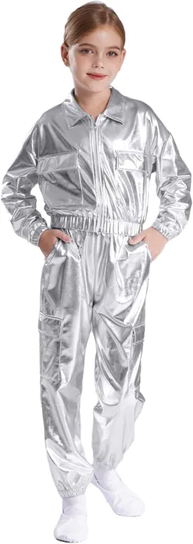 Kids Girl's 2 Piece Holographic Street Jazz Hip-hop Dance Outfit Flap Pocket Zip Up Jacket and Pants Set