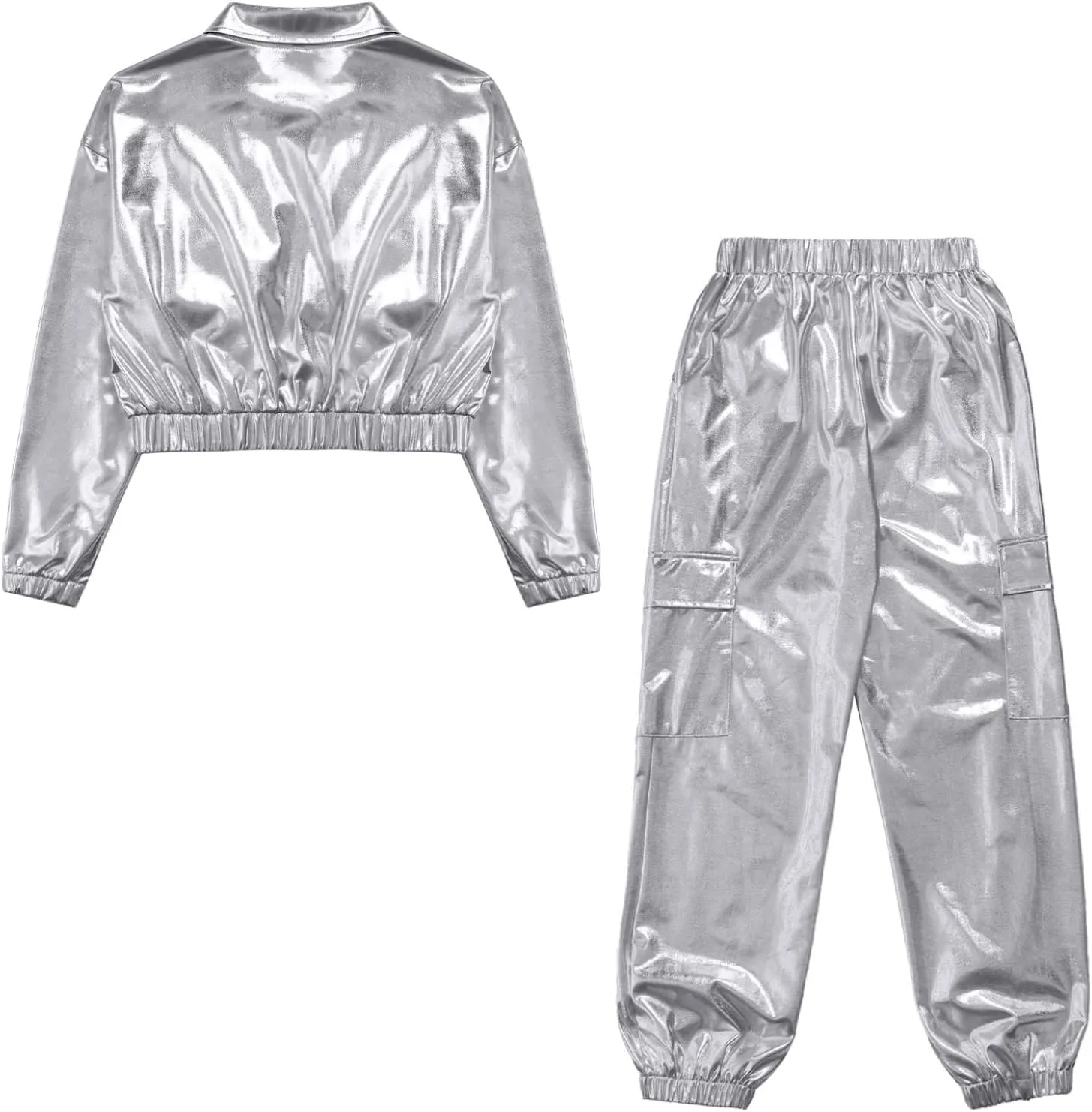 Kids Girl's 2 Piece Holographic Street Jazz Hip-hop Dance Outfit Flap Pocket Zip Up Jacket and Pants Set