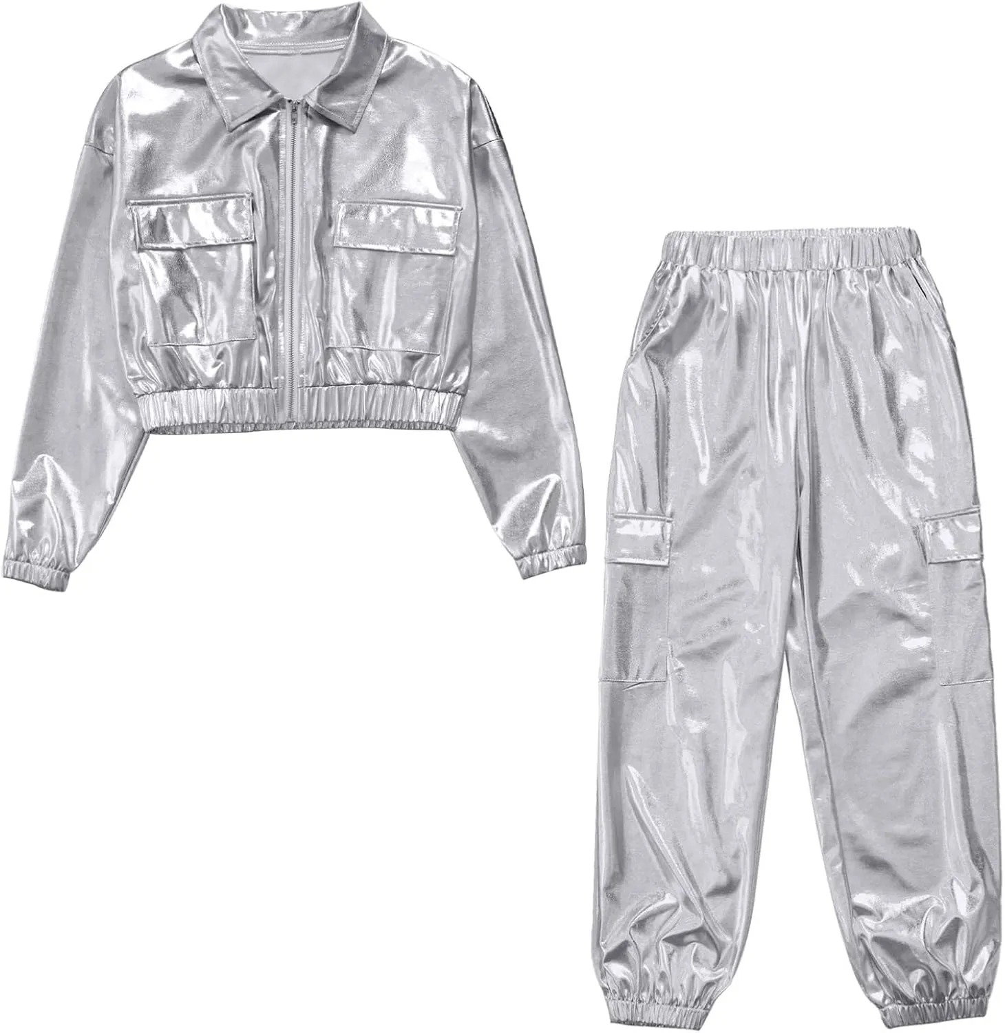 Kids Girl's 2 Piece Holographic Street Jazz Hip-hop Dance Outfit Flap Pocket Zip Up Jacket and Pants Set