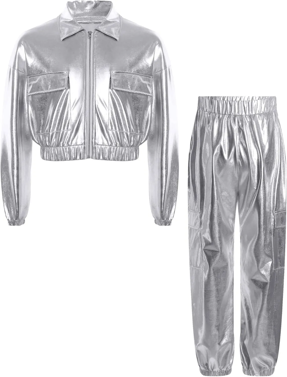 Kids Girl's 2 Piece Holographic Street Jazz Hip-hop Dance Outfit Flap Pocket Zip Up Jacket and Pants Set
