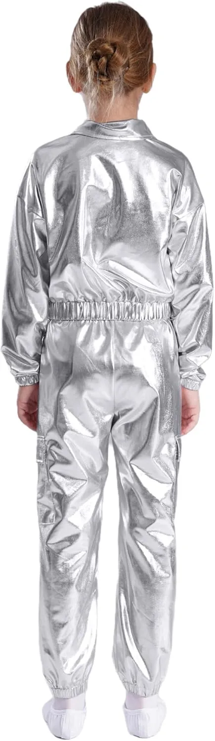 Kids Girl's 2 Piece Holographic Street Jazz Hip-hop Dance Outfit Flap Pocket Zip Up Jacket and Pants Set