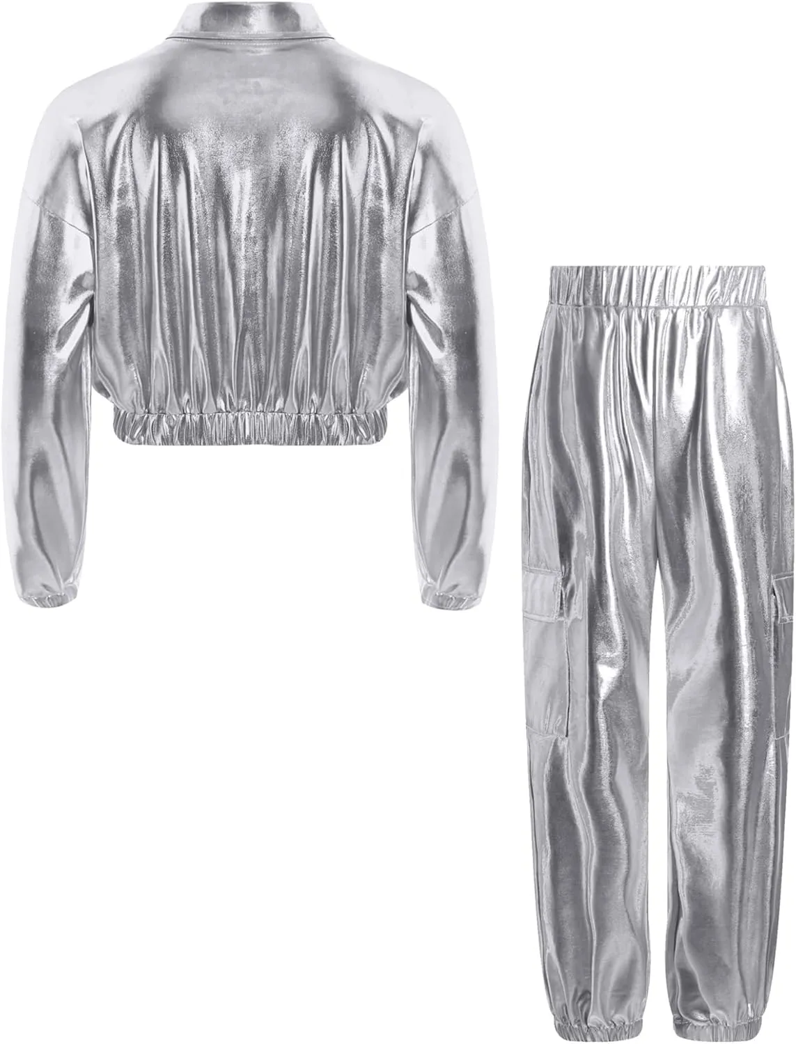 Kids Girl's 2 Piece Holographic Street Jazz Hip-hop Dance Outfit Flap Pocket Zip Up Jacket and Pants Set