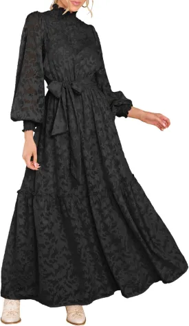 MITILLY Women's Fall Dresses Elegant Floral High Neck Long Sleeve Elastic Waist Formal Maxi Dress with Belt