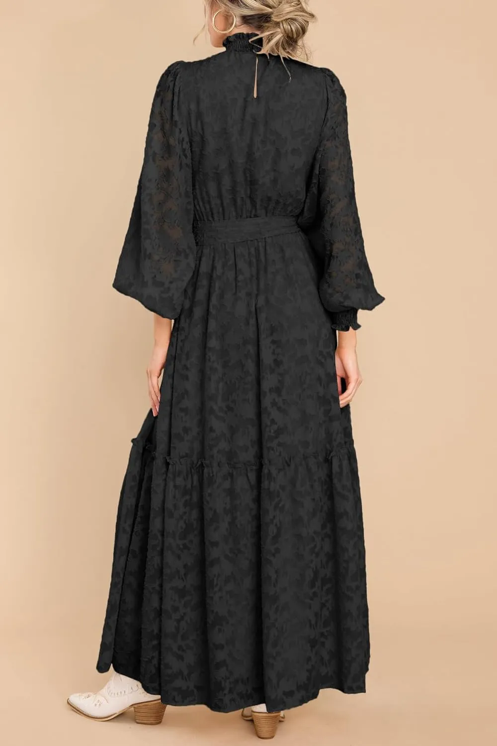MITILLY Women's Fall Dresses Elegant Floral High Neck Long Sleeve Elastic Waist Formal Maxi Dress with Belt