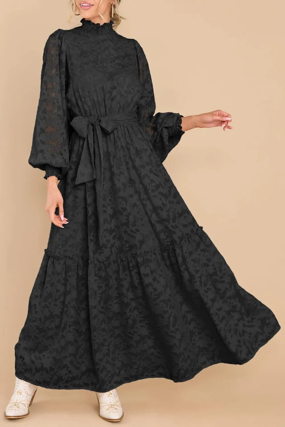 MITILLY Women's Fall Dresses Elegant Floral High Neck Long Sleeve Elastic Waist Formal Maxi Dress with Belt
