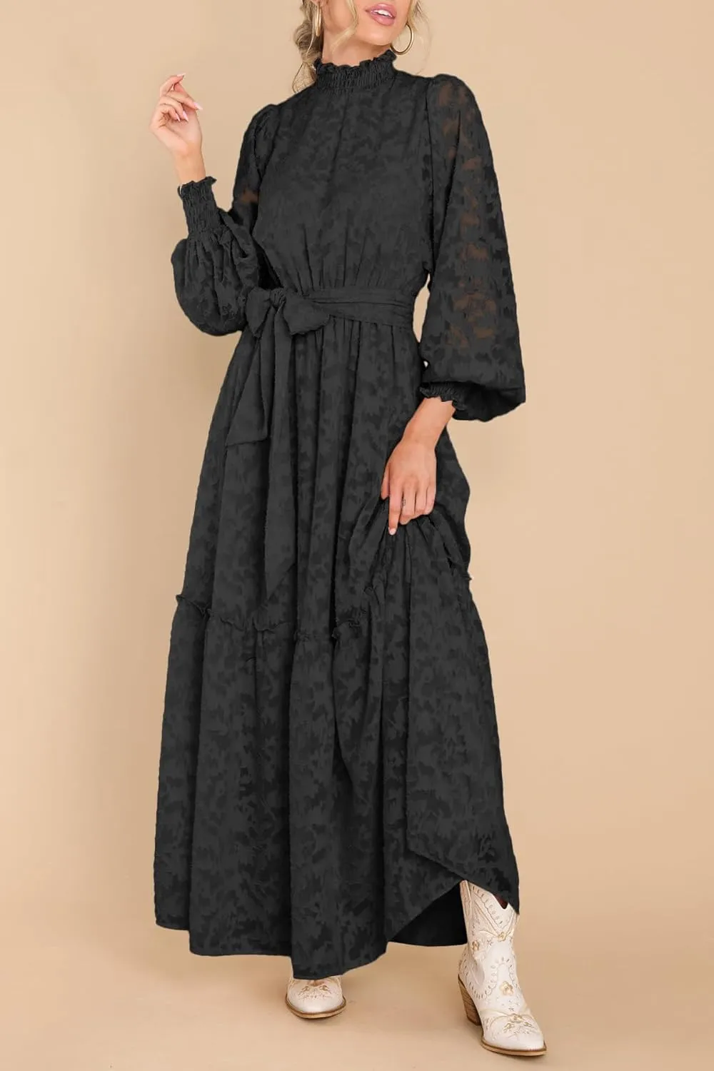 MITILLY Women's Fall Dresses Elegant Floral High Neck Long Sleeve Elastic Waist Formal Maxi Dress with Belt