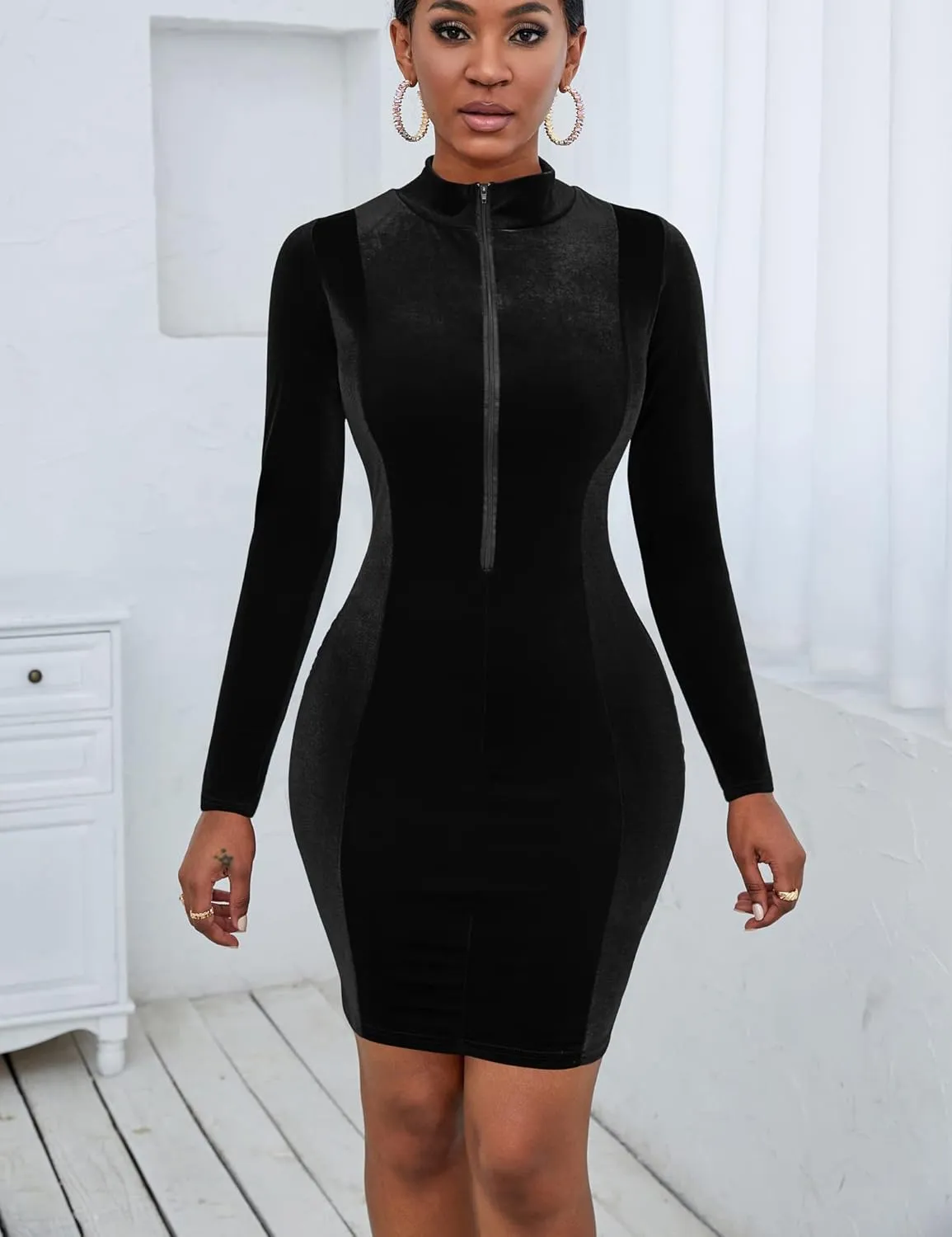 Mokoru Women's Sexy Bodycon Long Sleeve V Neck Velvet Elegant Mini Cocktail Party Dress