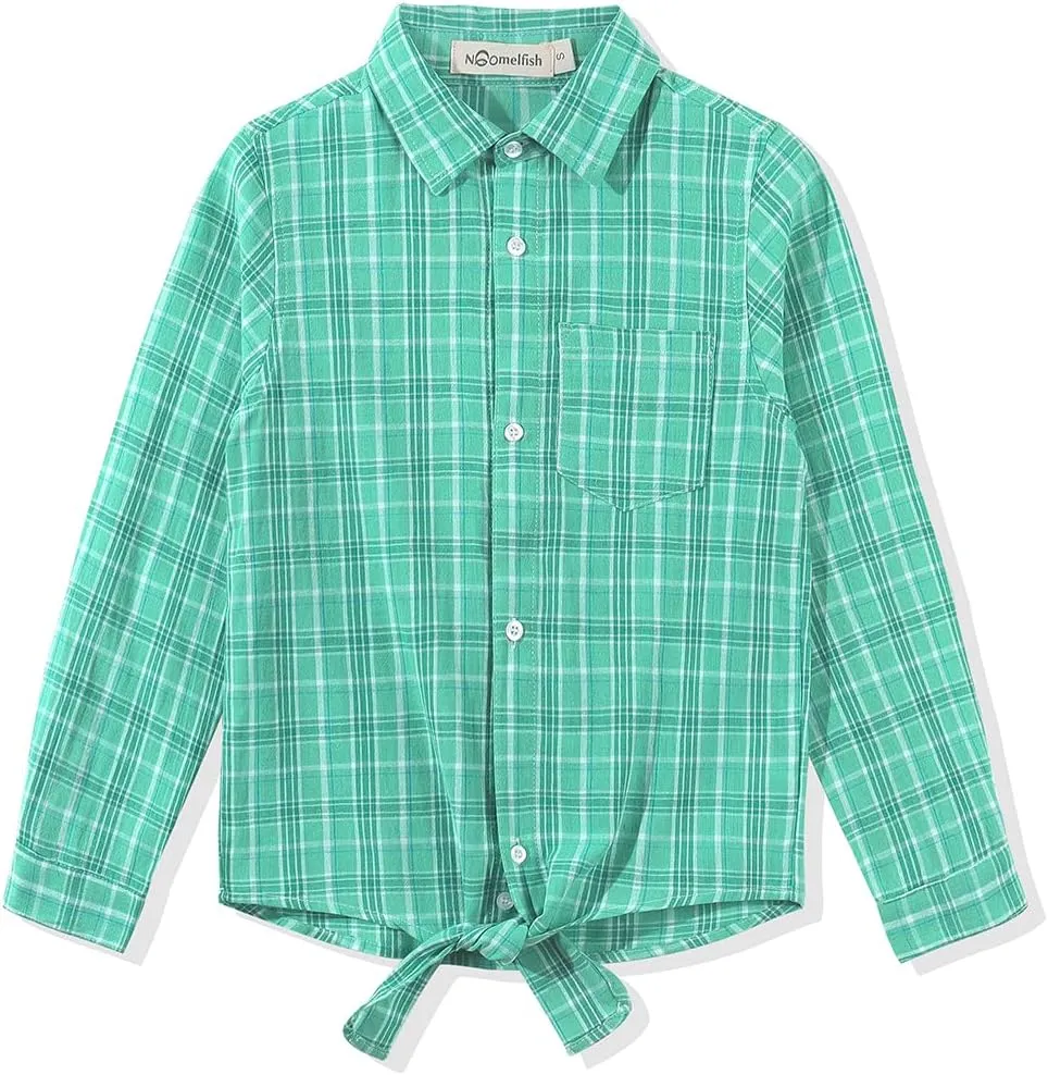 Noomelfish Girls Long Sleeve Button Down Shirt Tie Front Blouse Tops (5-12 Years)