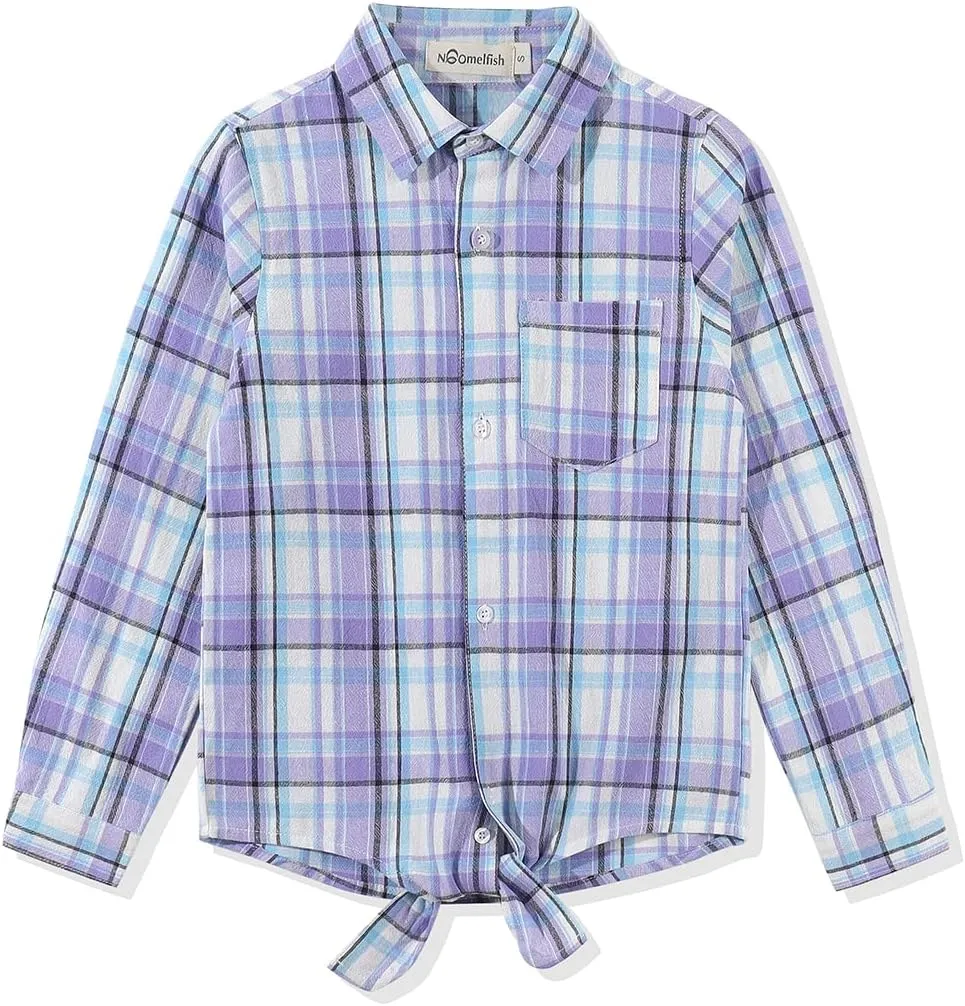 Noomelfish Girls Long Sleeve Button Down Shirt Tie Front Blouse Tops (5-12 Years)