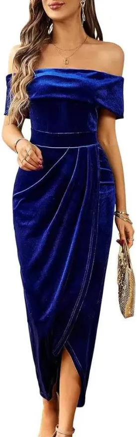 Off The Shoulder Vintage Velvet Bodycon Midi Dress for Women Wrap Slit Elegant Cocktail Party Evening Pencil Dress