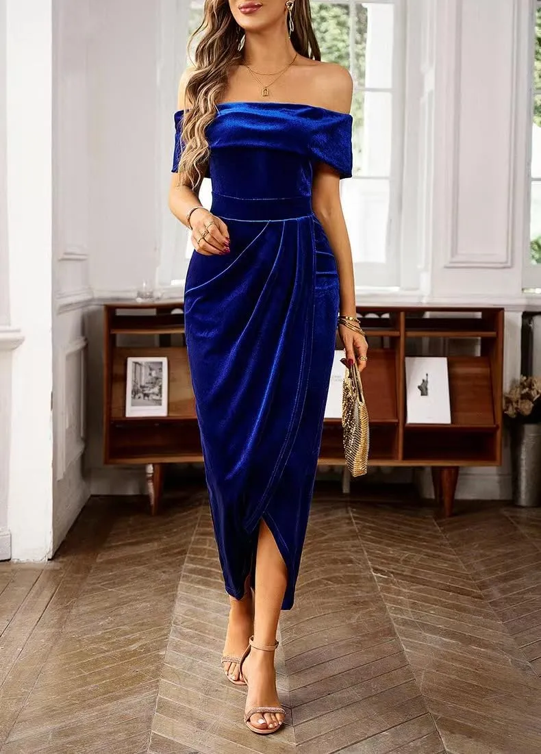 Off The Shoulder Vintage Velvet Bodycon Midi Dress for Women Wrap Slit Elegant Cocktail Party Evening Pencil Dress