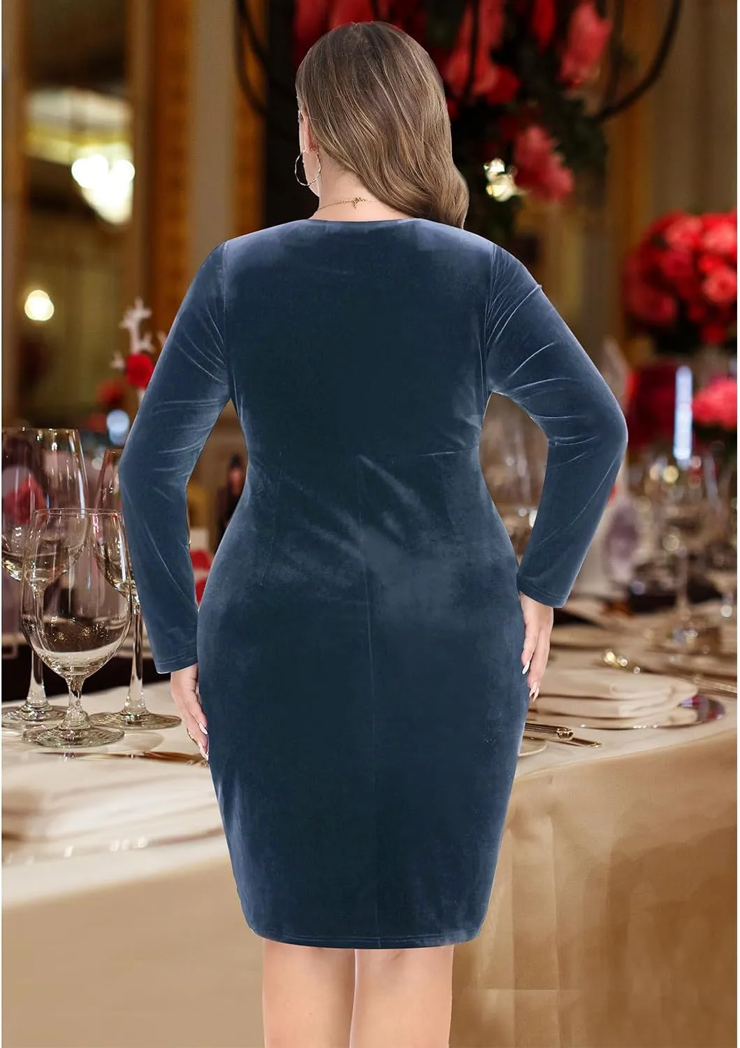 Pinup Fashion Plus Size Velvet Dress Long Sleeve Wrap V Neck Bodycon Sexy Ruched Cocktail Party Mini Dresses Women