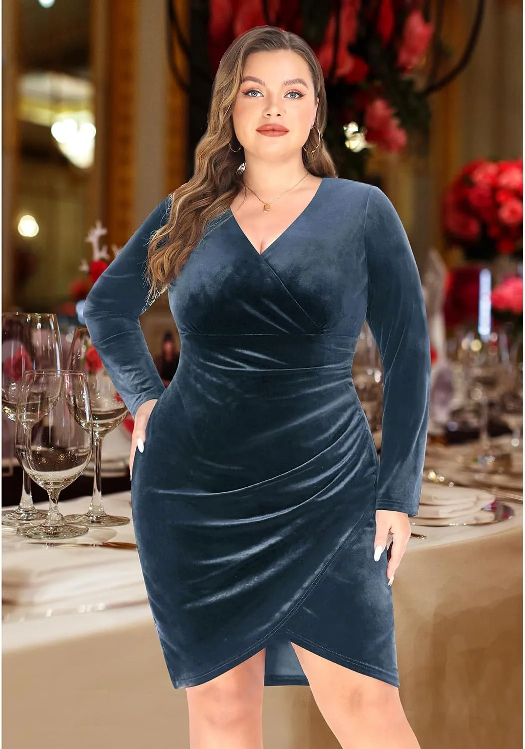 Pinup Fashion Plus Size Velvet Dress Long Sleeve Wrap V Neck Bodycon Sexy Ruched Cocktail Party Mini Dresses Women
