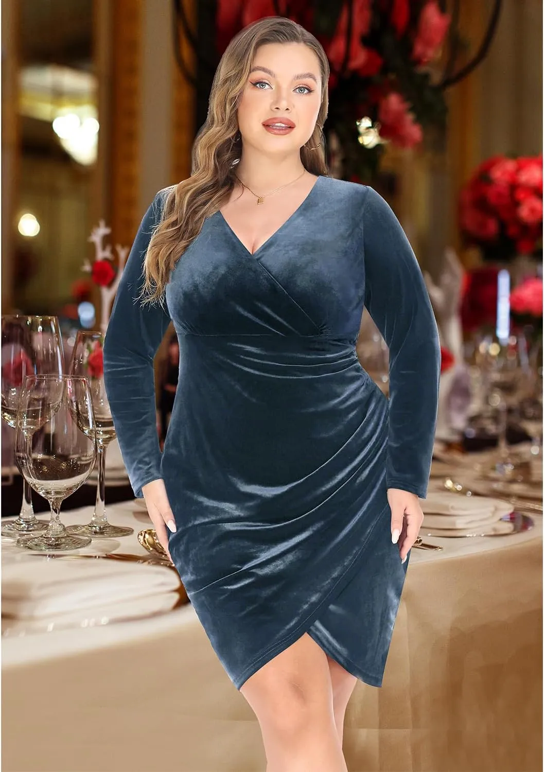 Pinup Fashion Plus Size Velvet Dress Long Sleeve Wrap V Neck Bodycon Sexy Ruched Cocktail Party Mini Dresses Women