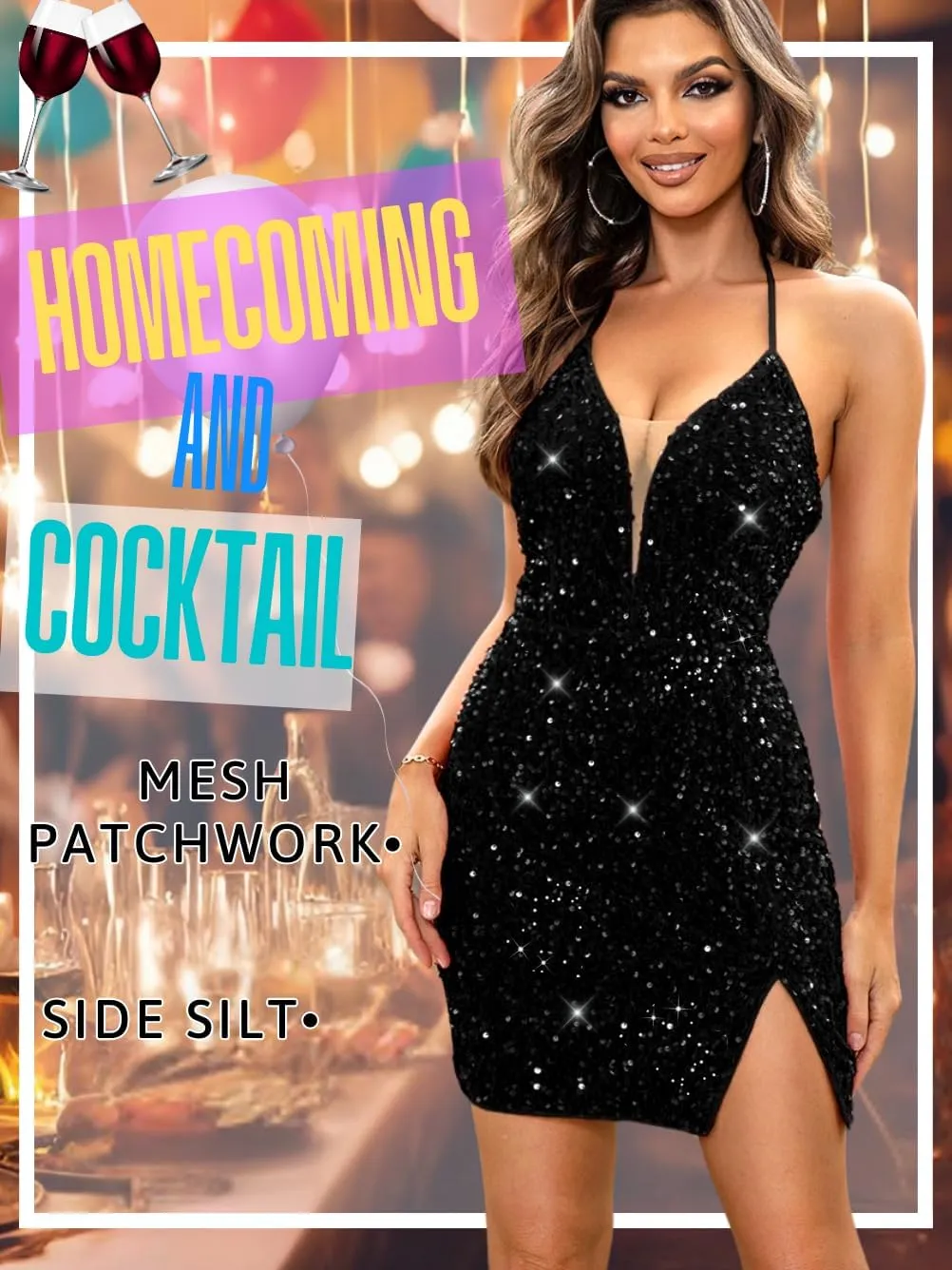 Sexy Sequin Dress for Women,Sparkly Glitter Velvet Mini Prom Dresses,Plunge Backless Club Outfit Cocktail Party