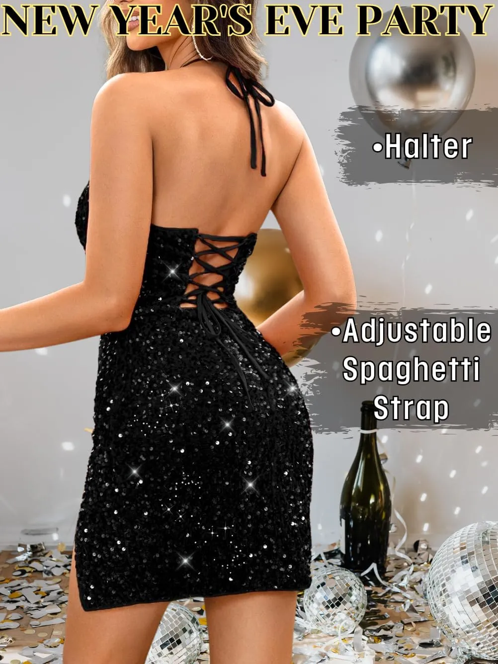 Sexy Sequin Dress for Women,Sparkly Glitter Velvet Mini Prom Dresses,Plunge Backless Club Outfit Cocktail Party