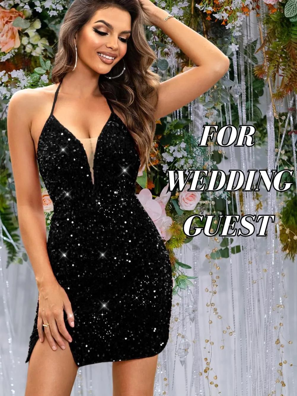 Sexy Sequin Dress for Women,Sparkly Glitter Velvet Mini Prom Dresses,Plunge Backless Club Outfit Cocktail Party