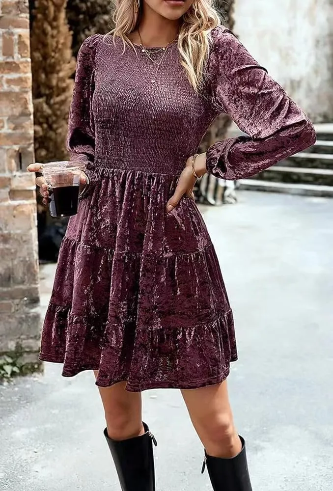 Sumleno Women's Velvet Cocktail Dress Fall Winter Long Sleeve High Waist A-Line Flowy Homecoming Mini Short Party Dress