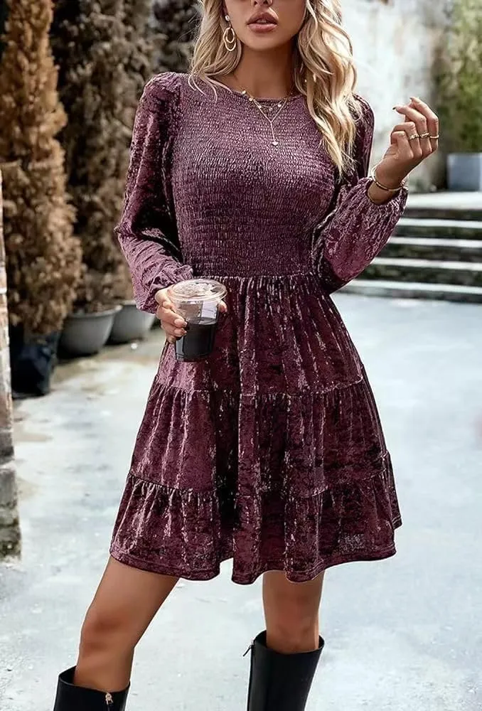 Sumleno Women's Velvet Cocktail Dress Fall Winter Long Sleeve High Waist A-Line Flowy Homecoming Mini Short Party Dress
