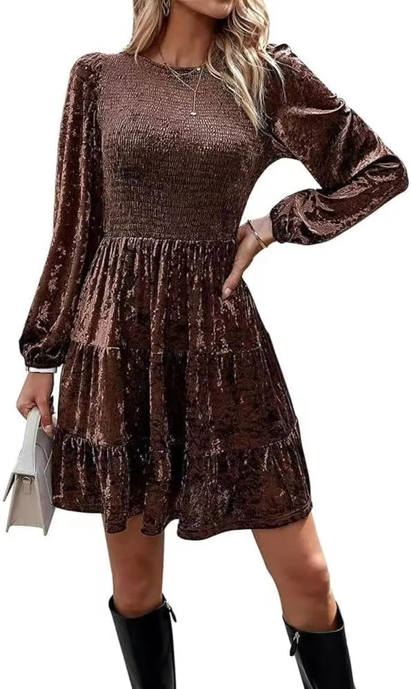 Sumleno Women's Velvet Cocktail Dress Fall Winter Long Sleeve High Waist A-Line Flowy Homecoming Mini Short Party Dress