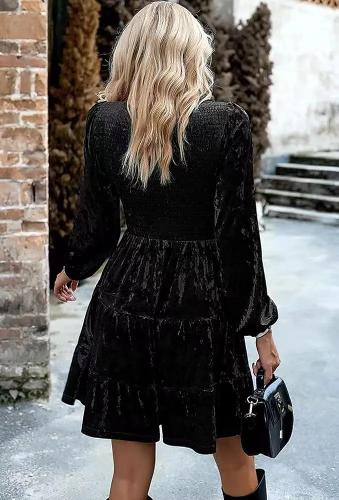 Sumleno Women's Velvet Cocktail Dress Fall Winter Long Sleeve High Waist A-Line Flowy Homecoming Mini Short Party Dress