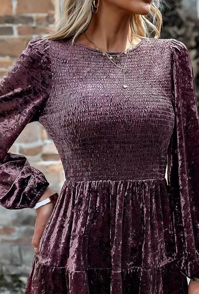 Sumleno Women's Velvet Cocktail Dress Fall Winter Long Sleeve High Waist A-Line Flowy Homecoming Mini Short Party Dress