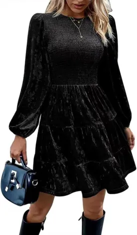 Sumleno Women's Velvet Cocktail Dress Fall Winter Long Sleeve High Waist A-Line Flowy Homecoming Mini Short Party Dress