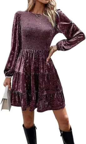 Sumleno Women's Velvet Cocktail Dress Fall Winter Long Sleeve High Waist A-Line Flowy Homecoming Mini Short Party Dress