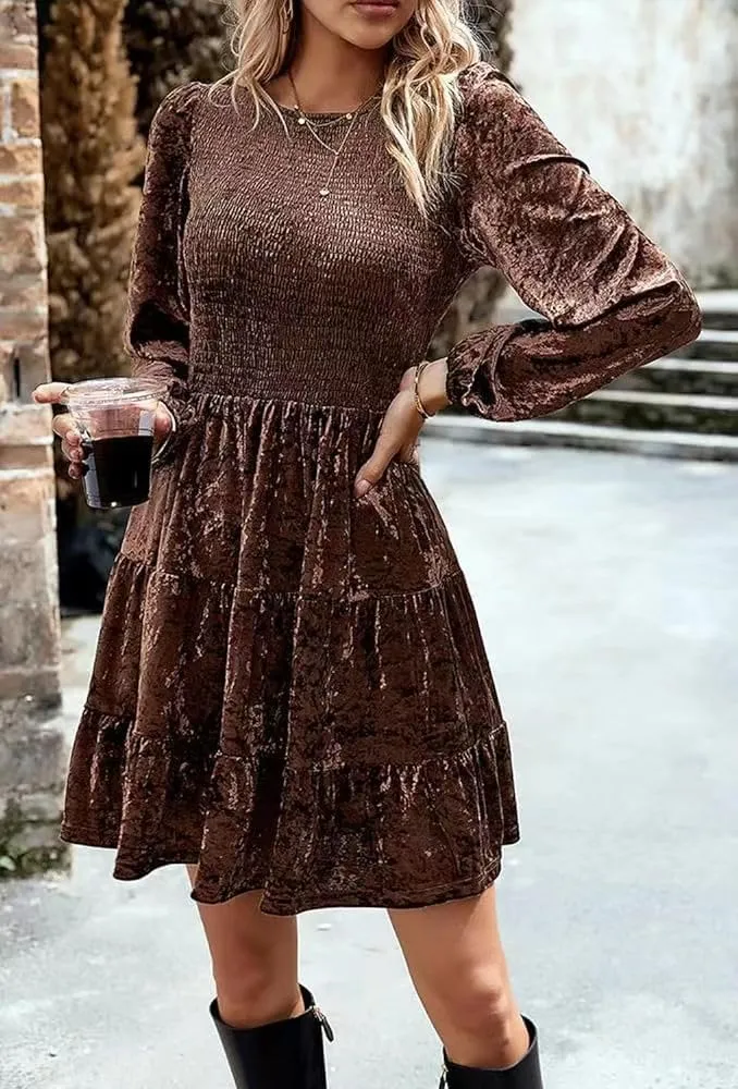 Sumleno Women's Velvet Cocktail Dress Fall Winter Long Sleeve High Waist A-Line Flowy Homecoming Mini Short Party Dress