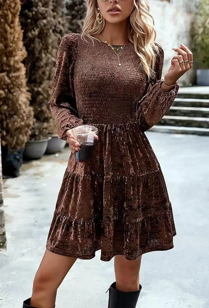 Sumleno Women's Velvet Cocktail Dress Fall Winter Long Sleeve High Waist A-Line Flowy Homecoming Mini Short Party Dress