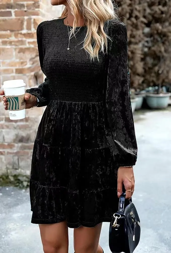 Sumleno Women's Velvet Cocktail Dress Fall Winter Long Sleeve High Waist A-Line Flowy Homecoming Mini Short Party Dress