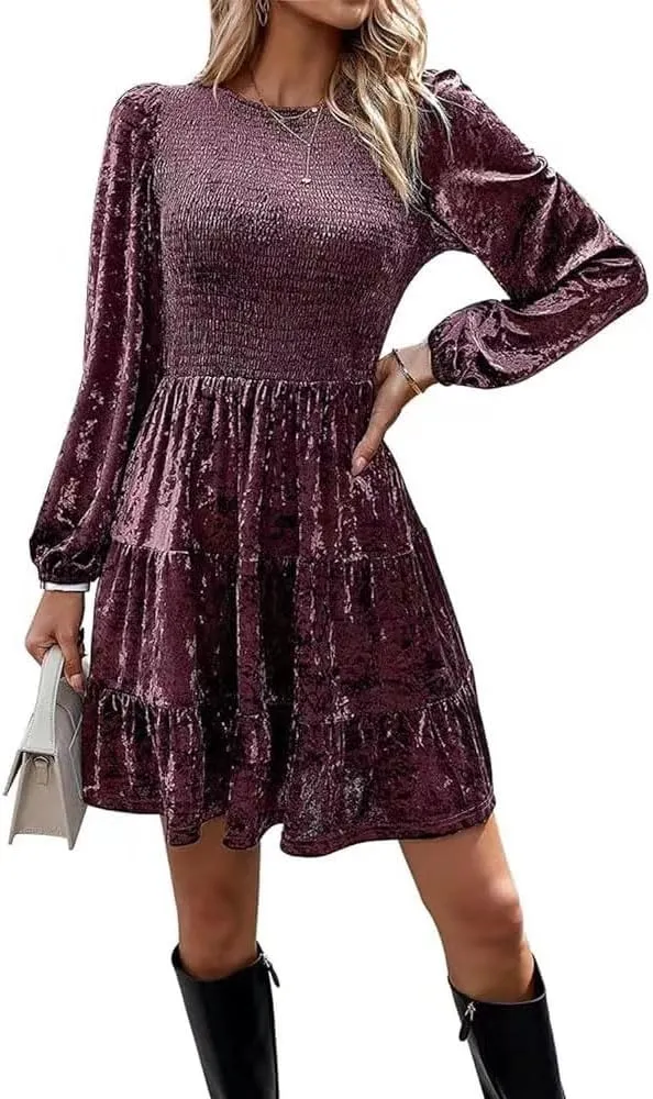 Sumleno Women's Velvet Cocktail Dress Fall Winter Long Sleeve High Waist A-Line Flowy Homecoming Mini Short Party Dress