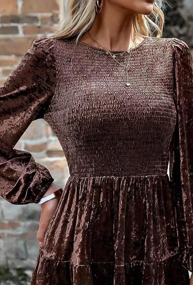 Sumleno Women's Velvet Cocktail Dress Fall Winter Long Sleeve High Waist A-Line Flowy Homecoming Mini Short Party Dress
