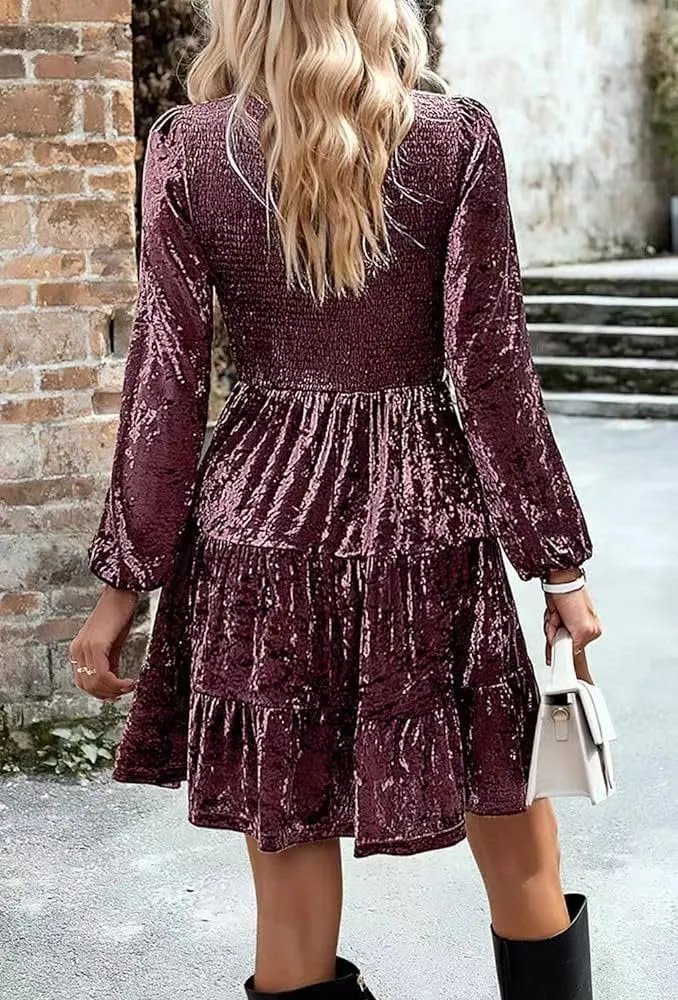 Sumleno Women's Velvet Cocktail Dress Fall Winter Long Sleeve High Waist A-Line Flowy Homecoming Mini Short Party Dress