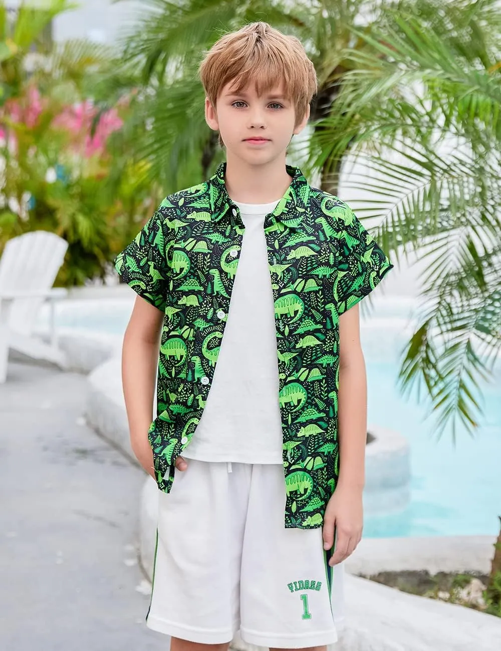 uideazone 2-10 Years Boys Button Down Shirts 3D Graphic Hawaiian Aloha Short Sleeve Dress Shirt Tops