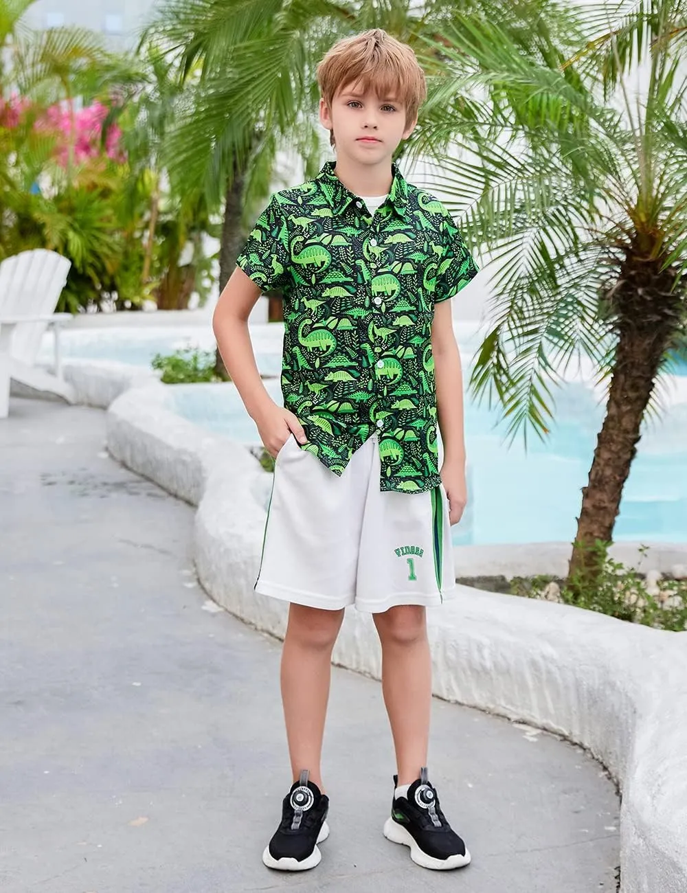 uideazone 2-10 Years Boys Button Down Shirts 3D Graphic Hawaiian Aloha Short Sleeve Dress Shirt Tops