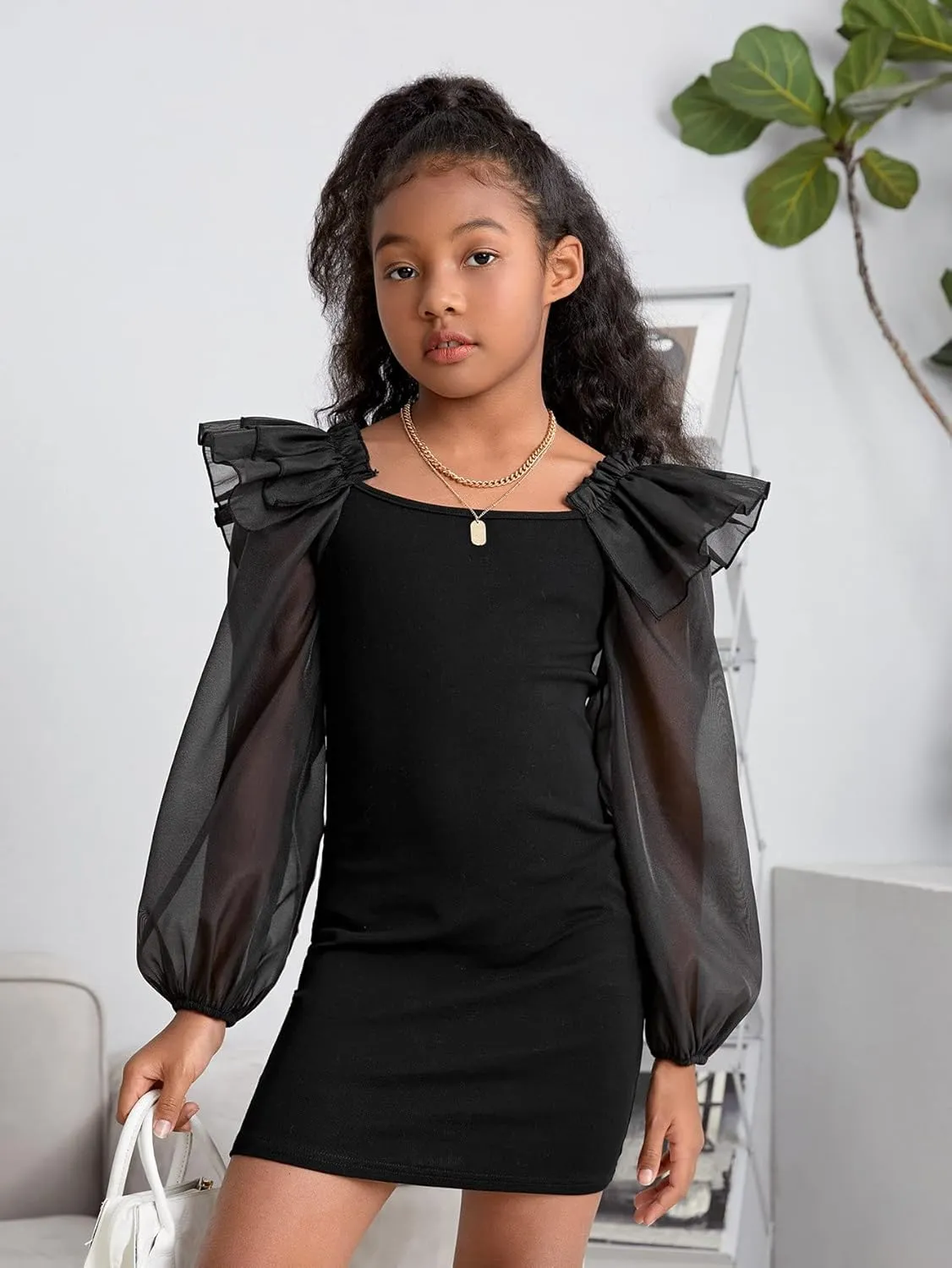 WDIRARA Girl's Mesh Ruffle Trim Layered Tie Back Lantern Sleeve Pencil Mini Dress