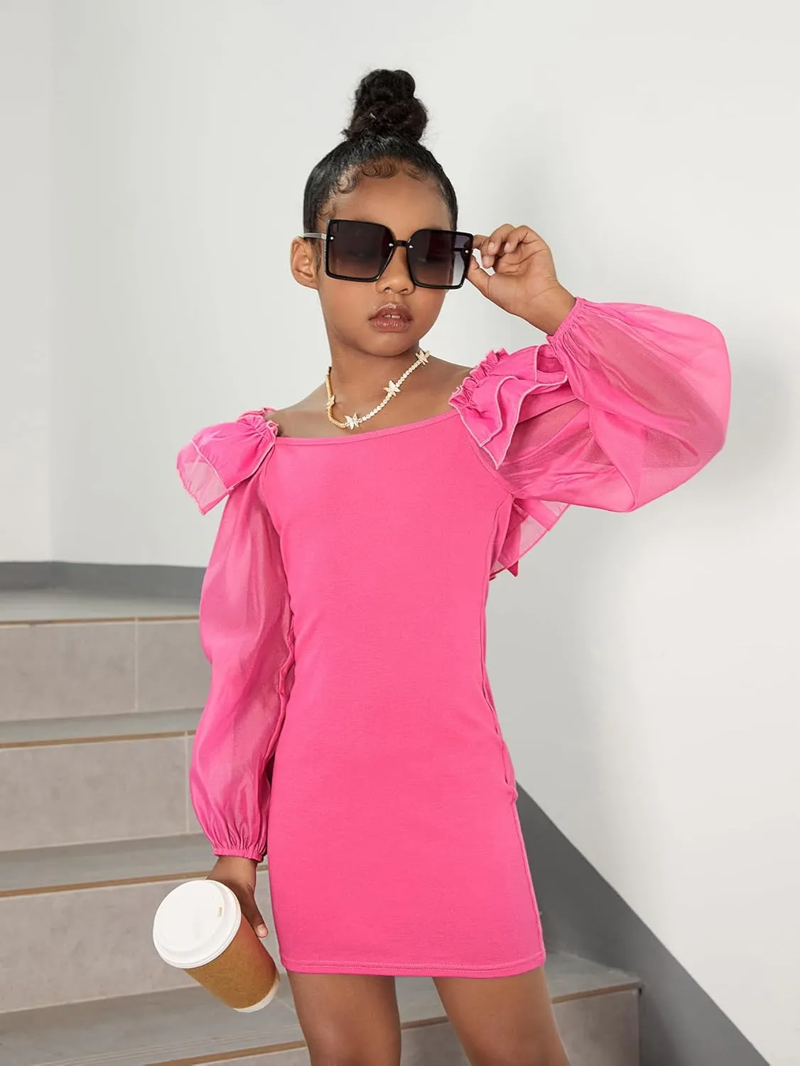 WDIRARA Girl's Mesh Ruffle Trim Layered Tie Back Lantern Sleeve Pencil Mini Dress