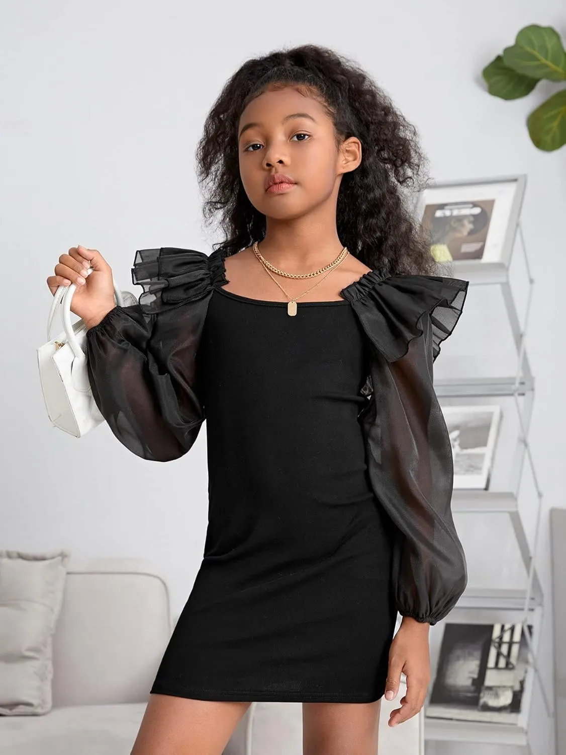 WDIRARA Girl's Mesh Ruffle Trim Layered Tie Back Lantern Sleeve Pencil Mini Dress