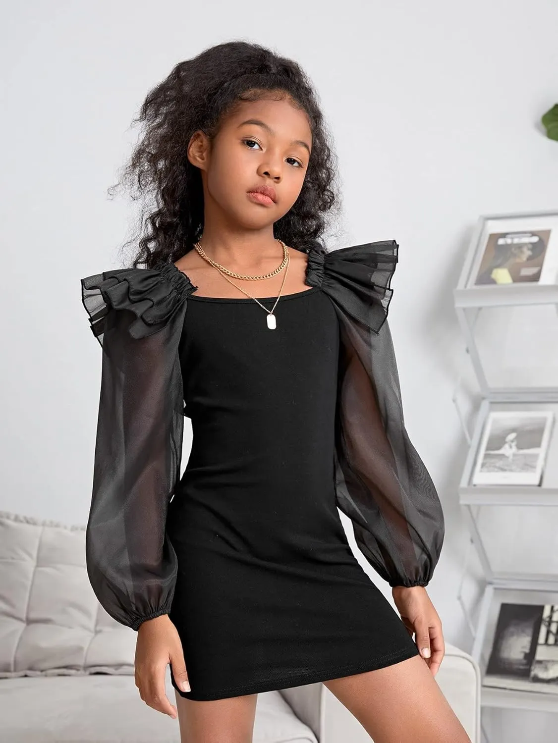 WDIRARA Girl's Mesh Ruffle Trim Layered Tie Back Lantern Sleeve Pencil Mini Dress