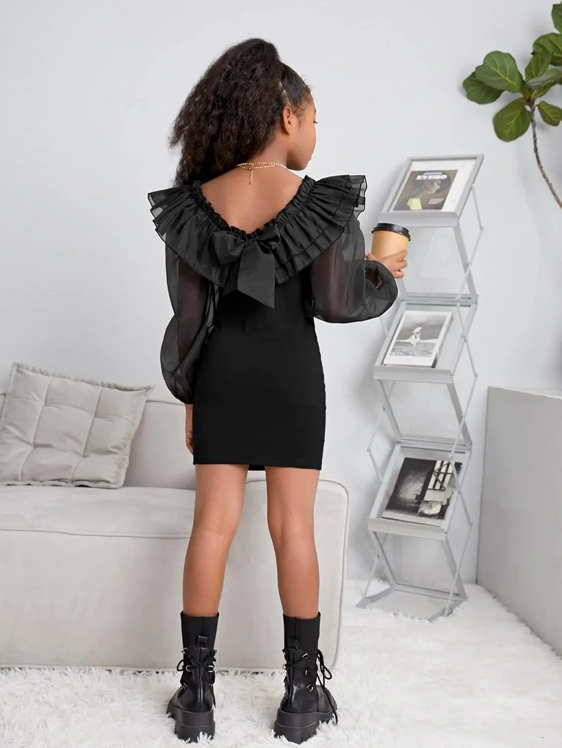 WDIRARA Girl's Mesh Ruffle Trim Layered Tie Back Lantern Sleeve Pencil Mini Dress